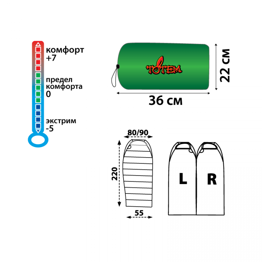 Totem мешок спальный Hunter XXL (правый, олива)