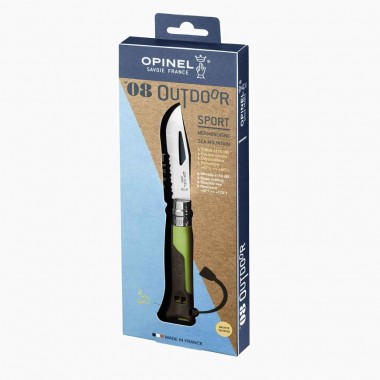 Нож Opinel серии Specialists Outdoor №08, клинок 8,5см., нерж.сталь, пластик, свисток+темляк, зеленый/серый